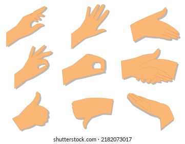 Levanta las manos. Varios gestos de mano humana aislados sobre fondo blanco.