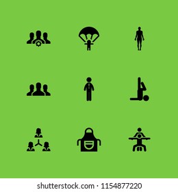 pose icon. 9 pose set with group, apron, elegant man and jump vector icons for web and mobile app