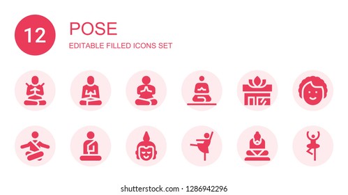 pose icon set. Collection of 12 filled pose icons included Meditate, Meditation, Yoga, Buddha, Ballerina, Dancer