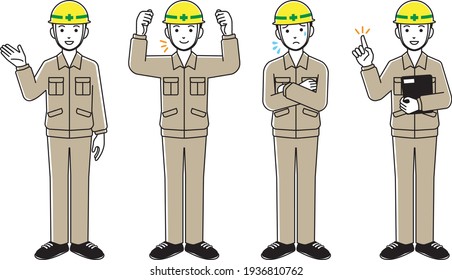 Pose illustration set of a male worker wearing a helmet