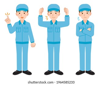 Pose illustration set of a male worker wearing a hat and a work cloth
