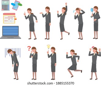 Pose illustration set of an office worker woman in a suit with a simple flat design
