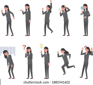 Pose illustration set of an office worker woman in a suit with a simple flat design