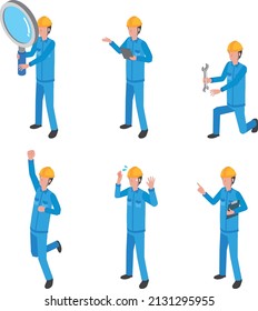 Pose illustration set of workers wearing helmets
