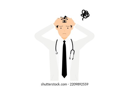 Pose of male doctor in white coat holding head and puzzling