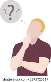 Pose of Man thinking or wondering with question mark thought bubble above his head.
