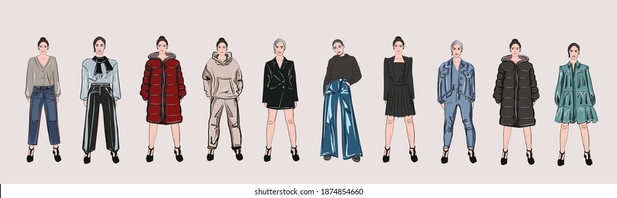Pose, model. Clothing store. Girls blondes, brunettes, brown-haired women in fashionable clothes. A set of items from the basic wardrobe. Fashion collection advertising. Vector isolated images.