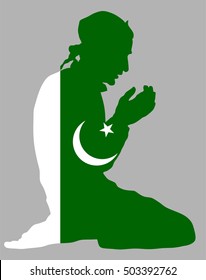 Pose of Muslim man praying vector silhouette illustration isolated on background. Muslim from Pakistan national flag symbol theme. Islamic religion faithful. Believer in mosque.
