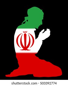 Pose of Muslim man praying vector silhouette illustration isolated on background. Muslim prayer from Iran national flag symbol theme. Islamic religion faithful. Believer in mosque.