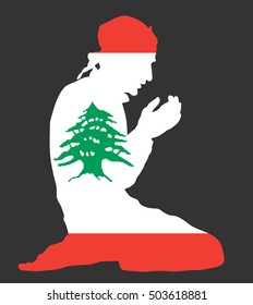 Pose of Muslim man praying vector silhouette illustration isolated on background. Muslim from Lebanon national flag symbol theme. Islamic religion faithful. Believer in mosque.