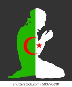 Pose of Muslim man praying vector silhouette illustration isolated on background. Muslim from Algeria national flag symbol theme. Islamic religion faithful. Believer in mosque.