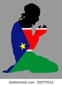 Pose of Muslim man praying vector silhouette illustration isolated on background. Muslim from South Sudan national flag symbol theme. Islamic religion faithful. Believer in mosque.