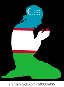 Pose of Muslim man praying vector silhouette illustration isolated on background. Muslim from Uzbekistan national flag symbol theme. Islamic religion faithful. Believer in mosque.