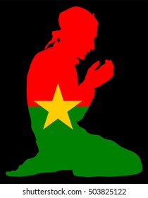 Pose of Muslim man praying vector silhouette illustration isolated on background. Muslim from Burkina Faso national flag symbol theme. Islamic religion faithful. Believer in mosque.