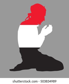Pose of Muslim man praying vector silhouette illustration isolated on background. Muslim from Yemen national flag symbol theme. Islamic religion faithful. Believer in mosque.