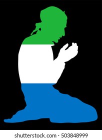 Pose of Muslim man praying vector silhouette illustration isolated on background. Muslim from Sierra Leone national flag symbol theme. Islamic religion faithful. Believer in mosque.