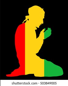 Pose of Muslim man praying vector silhouette illustration isolated on background. Muslim from Guinea national flag symbol theme. Islamic religion faithful. Believer in mosque.