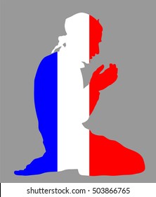 Pose of Muslim man praying vector silhouette illustration isolated on background. Muslim from France national flag symbol theme. Islamic religion faithful. Believer in mosque.