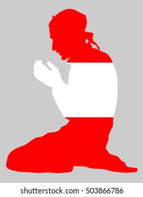 Pose of Muslim man praying vector silhouette illustration isolated on background. Muslim from Austria national flag symbol theme. Islamic religion faithful. Believer in mosque.