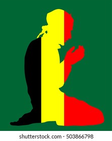 Pose of Muslim man praying vector silhouette illustration isolated on background. Muslim from Belgium national flag symbol theme. Islamic religion faithful. Believer in mosque.
