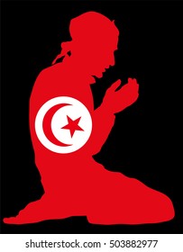Pose of Muslim man praying vector silhouette illustration isolated on background. Muslim from Tunisia national flag symbol theme. Islamic religion faithful. Believer in mosque.