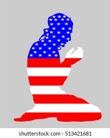 Pose of Muslim man praying vector silhouette illustration. Muslim from United States of America national flag symbol theme. Loyal migrant in USA. Islamic religion faithful. Believer in mosque.
