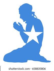 Pose of Muslim man praying vector silhouette illustration isolated on background. Muslim from Somalia national flag symbol theme. Islamic religion faithful. Believer in mosque.