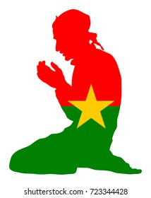 Pose of Muslim man praying vector silhouette illustration isolated on background. Muslim from Burkina Faso national flag symbol theme. Islamic religion faithful. Believer in mosque.