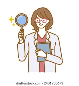 A pose often seen by a female doctor wearing a white coat and glasses with a magnifying glass