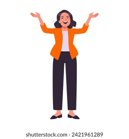 pose of a person with black pants and an orange jacket fashion