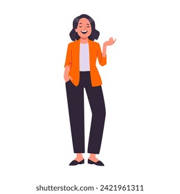 pose of a person with black pants and an orange jacket fashion