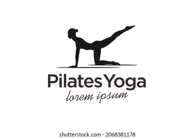 Pose Pilates Logo Yoga Woman Silhouette , Girl with Beauty Body Hair and Face at gym logo design