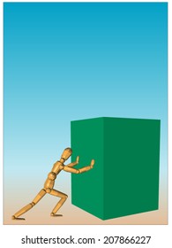 A pose puppet, pushing a big green cube