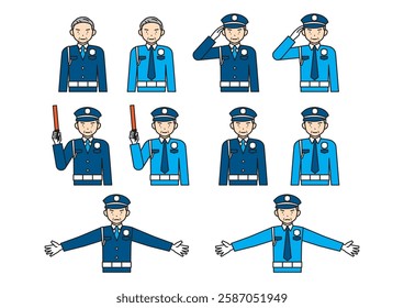 Pose set of elderly male security guard: salute, guide, no entry