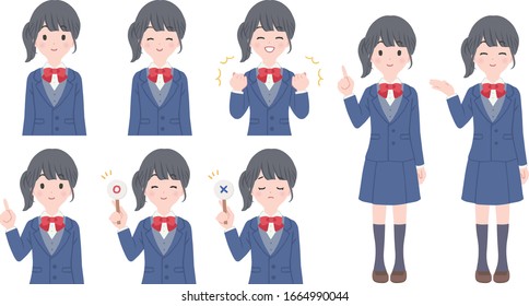 Pose set of illustration of a female student in uniform