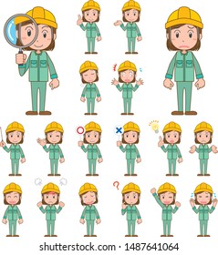 Pose set illustration of woman wearing helmet and work clothes