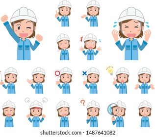 Pose set illustration of woman wearing helmet and work clothes