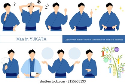 Pose set of men in yukata, questioning, worrying, encouraging, pointing, etc.
