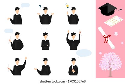 Pose set of a person wearing a gown and a mortarboard at the graduation ceremony