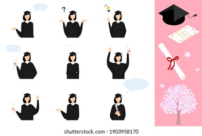 Pose set of a person wearing a gown and a mortarboard at the graduation ceremony