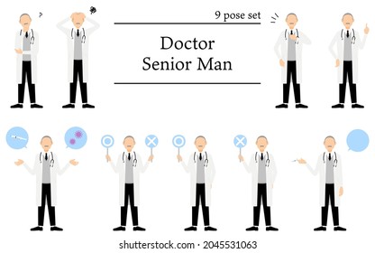 Pose set of senior male doctor in white coat, questioning, puzzling, pointing, injecting, etc.