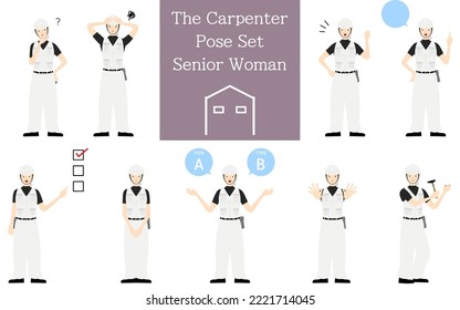 Pose set for senior woman carpenter, questioning, worrying, encouraging, pointing, etc.