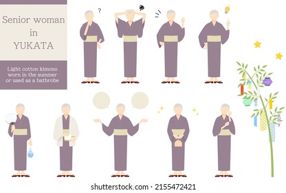 Pose set of senior  woman in yukata, questioning, worrying, encouraging, pointing, etc.