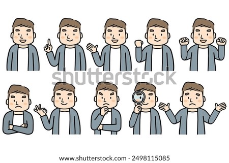 Pose set of upper body of man wearing office casual.