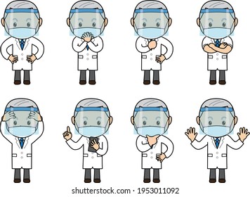 A pose set in which a man in a white coat wearing a face shield and a mask explains with an angry face and does his best
