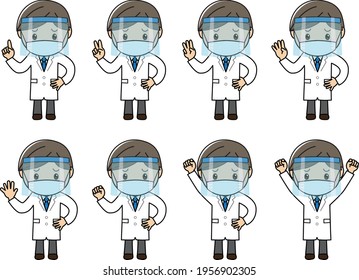 A pose set in which a man in a white coat wearing a face shield and a mask explains with a troubled face and does his best