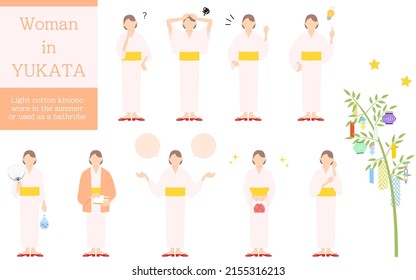 Pose set of woman in yukata, questioning, worrying, encouraging, pointing, etc.