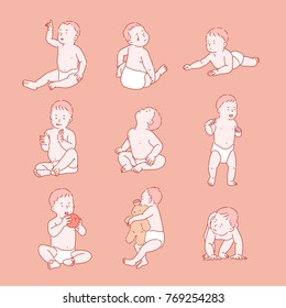 pose and various behaviors baby hand drawn style vector doodle design illustrations 