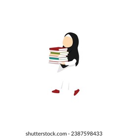the pose of a veiled woman carrying a lot of books