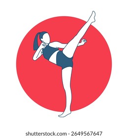 Pose da mulher chutando o logotipo do projeto plano com fundo arredondado vermelho 